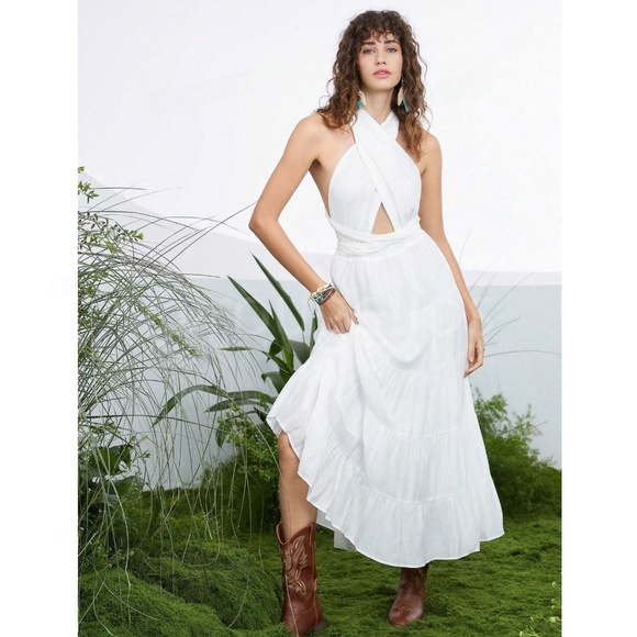 White Bohemian Long Flared Tie Dress - Picture 9 of 10
